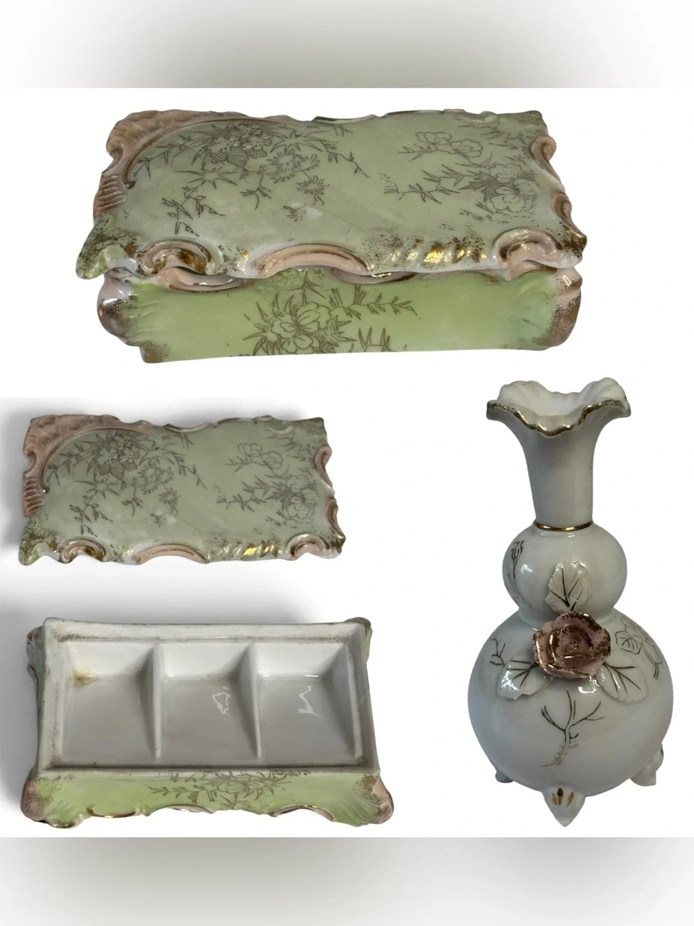 Vintage Tilso Japan Green Floral Porcelain Trinket Box & Bud Vase Vanity set